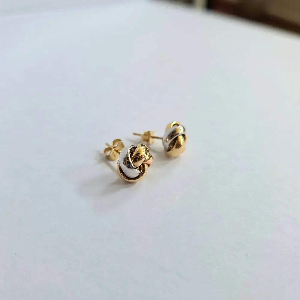 Tri Tone 14K Solid Gold Love Knot Stud Earrings